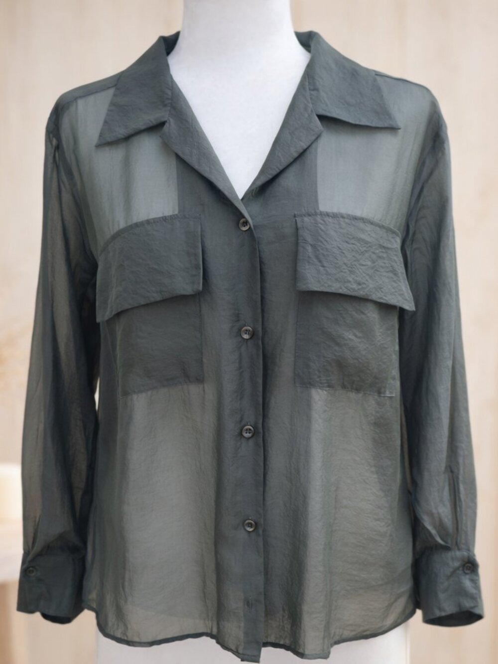 Theilma Sheer Button‑Up Olive Green Blouse F Size Cupra Blend Elegant Premium